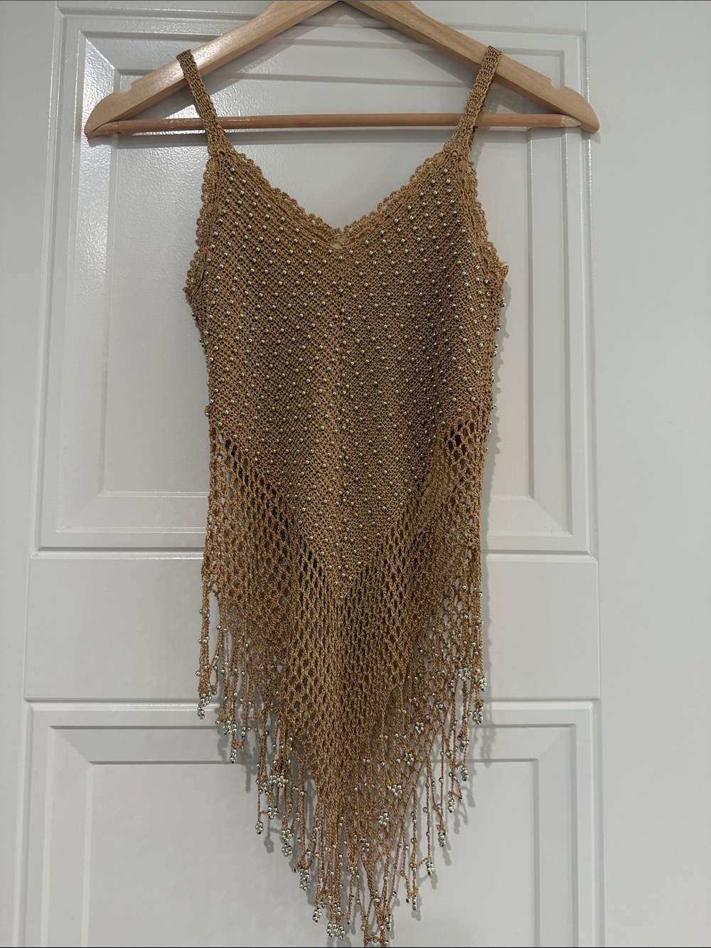 Handmade Beaded Crochet Fringe Tank Top - Tan